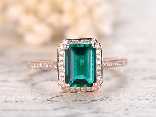 Emerald Engagement Ring Emerald Cut Ring 14K Rose Gold Emerald Ring May Birthstone Ring Emerald Cut Engagement Ring Diamond Halo Ring - BBBGEM