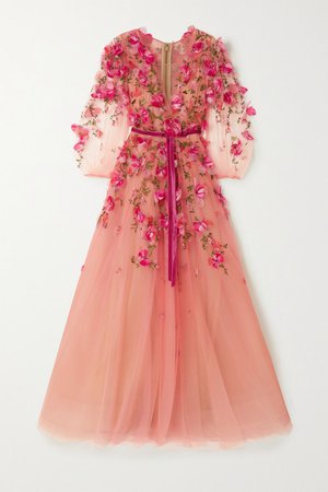 Velvet-trimmed Embellished Embroidered Ombre Tulle Gown - Pink
