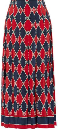Pleated Printed Silk Crepe De Chine Midi Skirt - Red