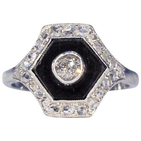 Art Deco Diamond Set Onyx Ring Platinum Cluster - Victoria Sterling Antique Jewelry