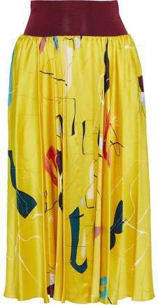 Gathered Printed Silk-satin Midi Skirt