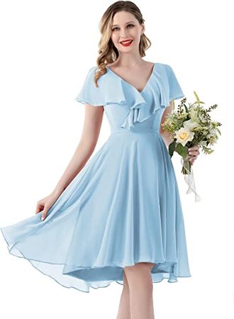Sukleet Women's Flutter Sleeve Short Bridesmaid Dresses for Wedding A-line Chiffon Formal Dress with Pockets at Amazon Women’s Clothing store