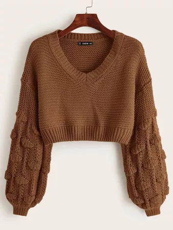 Pom Pom Drop Shoulder Crop Sweater | SHEIN USA Coffee Brown