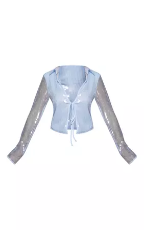 Pale Blue Sequin Tie Front Shirt | Co-Ords | PrettyLittleThing AUS
