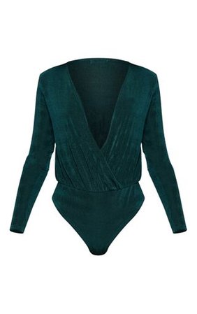 Emerald Slinky Plunge Bodysuit | Tops | PrettyLittleThing