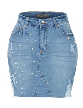 LE3NO Womens Stretchy Washed Ripped Light Denim Mini Skirt with Pearl Embellishment | LE3NO blue