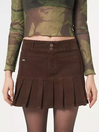 Brown Corduroy Pleated Mini Skirt | Minga US