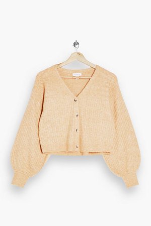 Camel Balloon Sleeve Cropped Knitted Cardigan | Topshop