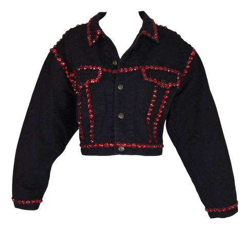 1992 Dolce and Gabbana Black Denim STAR Red Crystals Embellished Baggy Jacket Coat For Sale at 1stdibs