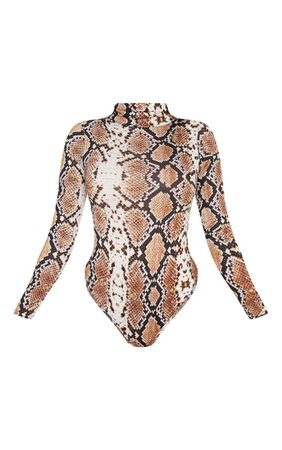 Tan Snake Print Roll Neck Bodysuit | Tops | PrettyLittleThing USA