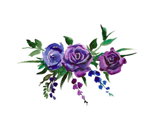 Blue and Electric Purple Watercolor Bouquet Flowers