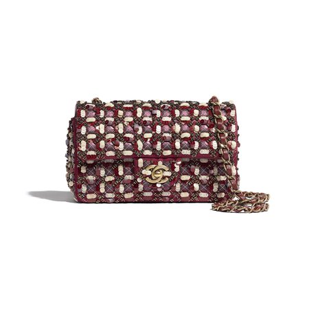 Chanel, mini flap bag Satin, Sequins, Glass Pearls & Gold-Tone Metal Burgundy, Pink & White