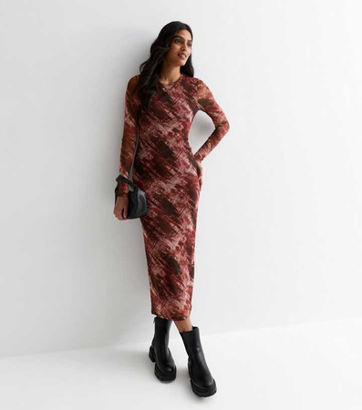 burgundy abstract print mesh midi dress