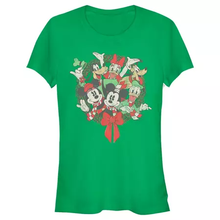 Juniors Womens Mickey & Friends Christmas Group Shot Wreath T-shirt : Target