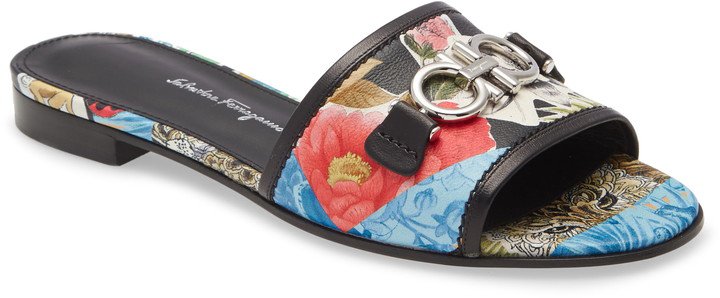Rhodes Floral Leather Slide Sandal