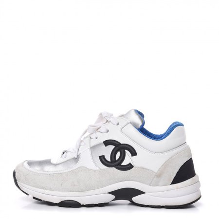 CHANEL Suede Calfskin Womens CC Sneakers 37 White Silver Blue 488439