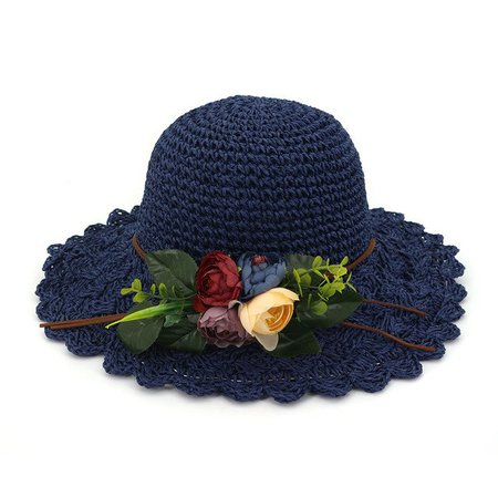 Large Brim Straw Hat With Flowers, Navy
