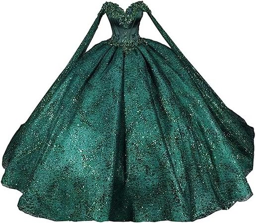 Glitter Sequins Tulle Cape Off The Shoulder Quinceanera Dresses Ball Gown Pageant Dress Women Plus Size 2023 at Amazon Women’s Clothing store