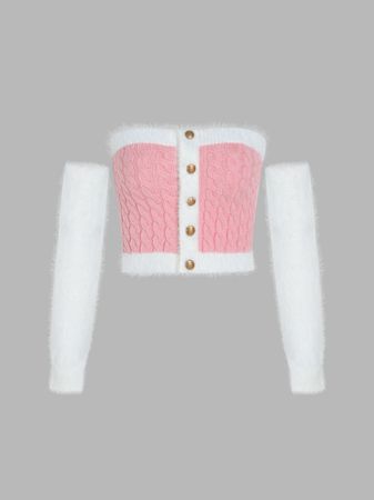 Cable Knit Knitted Tube Crop Top & Gloves - Cider