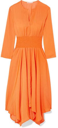 Shirred Voile Midi Dress - Orange
