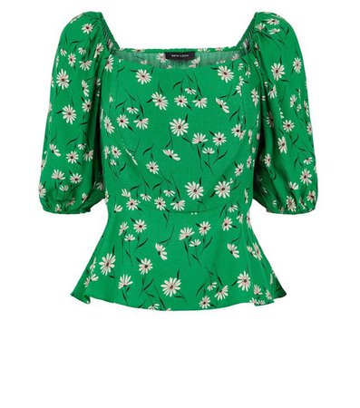 Green Daisy Puff Sleeve Square Neck Top | New Look