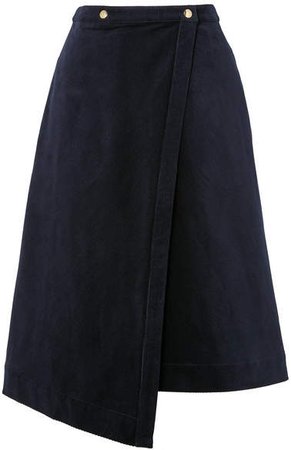 Asymmetric Cotton-blend Corduroy Wrap Skirt - Navy