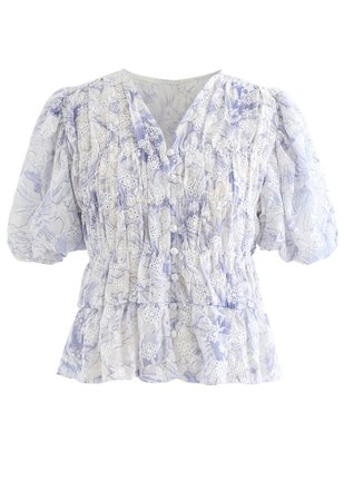 Floral Print Bubble Sleeves Button Down Chiffon Top in Blue - Retro, Indie and Unique Fashion