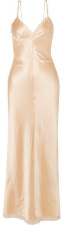 Chain-embellished Lace-trimmed Silk-charmeuse Midi Dress - Peach