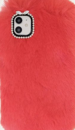 red fuzzy rhinestone phone case