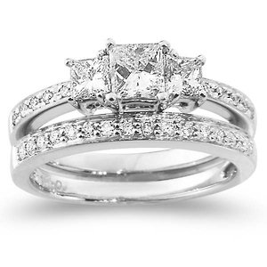 3 Stone 14K White Gold Princess Cut Wedding Ring Set