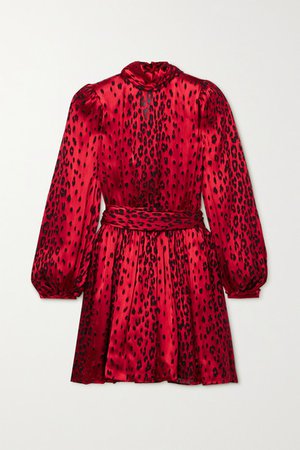 Belted Devore-satin Mini Dress - Red