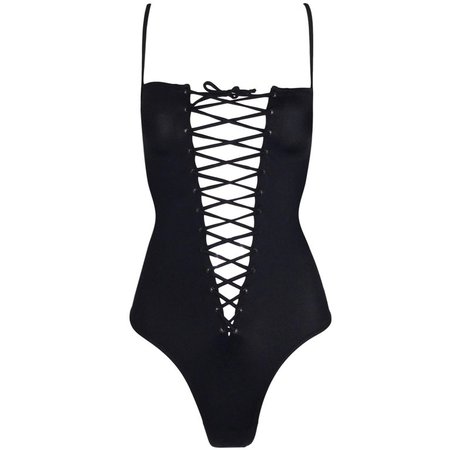 Dolce and Gabbana Black Corset Tie Up Plunging Bodysuit Swimsuit, Circa 2003 For Sale at 1stdibs