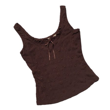 Cute 90s brown eyelet top with lace trim and a bow by Tagged - Depop
