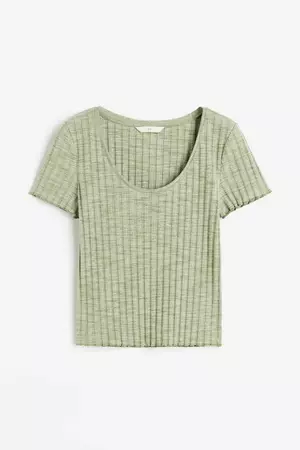 Ribbed Scoop-neck T-shirt - Light green melange - Ladies | H&M US