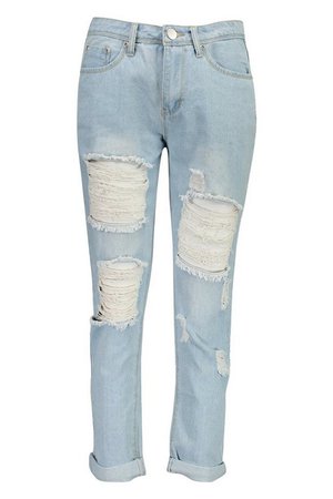 Mid Rise All Over Ripped 7/8th Boyfriend Jeans | Boohoo