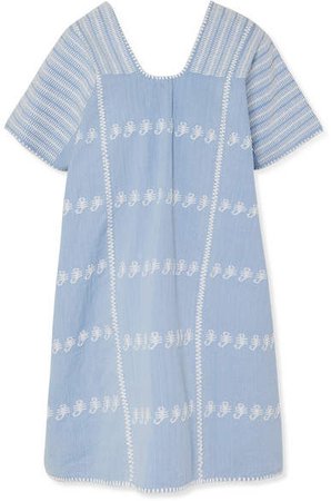 Holt - Embroidered Striped Cotton-voile Kaftan - Light blue