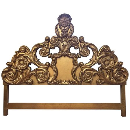 Ornate Architectural Italian Gold Hand-Carved Sculptural King-Size Headboard For Sale at 1stdibs