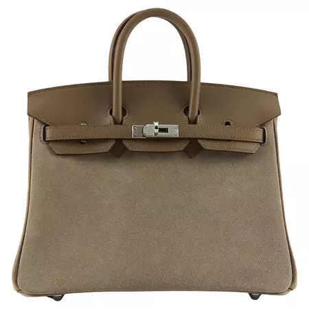 HERMÈS BIRKIN 25CM GRIZZLY GRIS CAILLOU and ETOUPE Suede Doblis and Swift Leather wi For Sale at 1stDibs