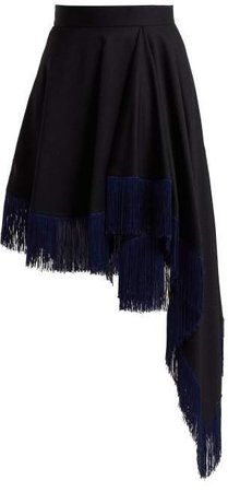 Fringed Asymmetric Wool Skirt - Womens - Navy
