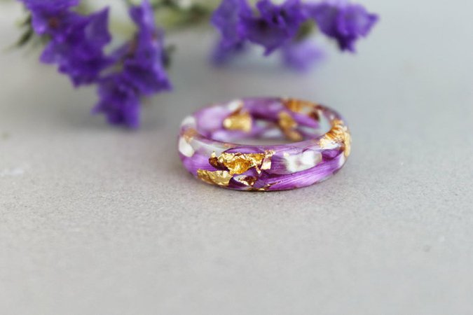Dry Pressed Flowers gold purple Resin Ring for women Nature | Etsy