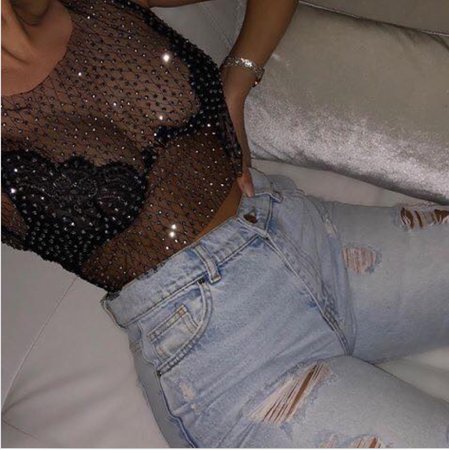 black mesh sparkling crop top, high waisted jeans- outfit