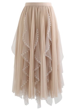 Scattered Bead Decor Pleated Tulle Skirt in Tan - Retro, Indie and Unique Fashion