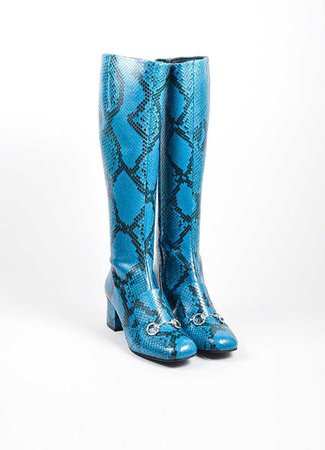 Blue Gucci Snakeskin Leather Horsebit Knee High Block Heel Boots
