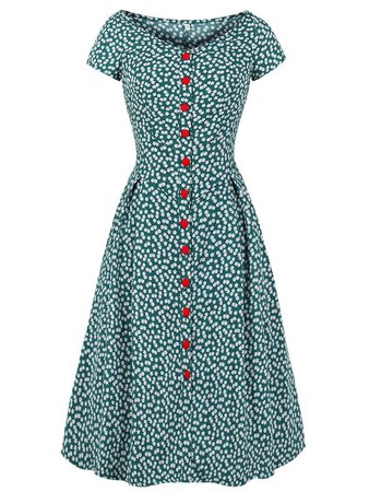 Green 1940s Floral Loose Button Dress - Retro Stage - Chic Vintage Dresses and Accessories