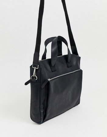 ASOS DESIGN leather satchel in black with front zip pocket | ASOS