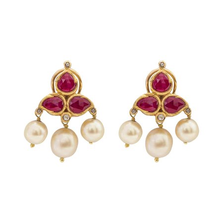 22 Karat Gold Ruby, Diamond, and Pearl Stud Earring Enamel Work Handcrafted For Sale at 1stDibs