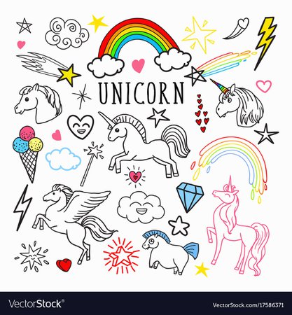 Unicorn rainbow magic freehand doodle stickers Vector Image