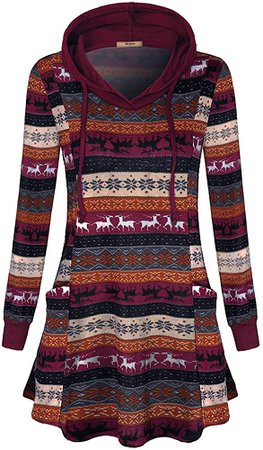 Miusey Holidays Sweatshirt, Ugly Funny Christma, Long Sleeve Fit Flare Swingy Tunic Ugly Funny Christmas Sweater for Women Cute Elk Snowflakes Geometric top with Pockets Red XL at Amazon Women’s Clothing store