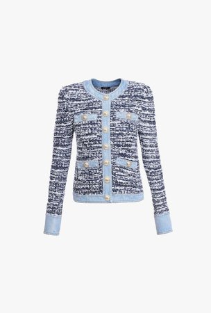 White And Blue Tweed And Denim Jacket With Gold Tone Buttons for Women - Balmain.com
