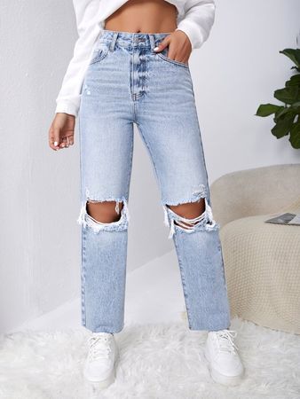SHEIN EZwear Ripped Raw Cut Straight Leg Jeans | SHEIN